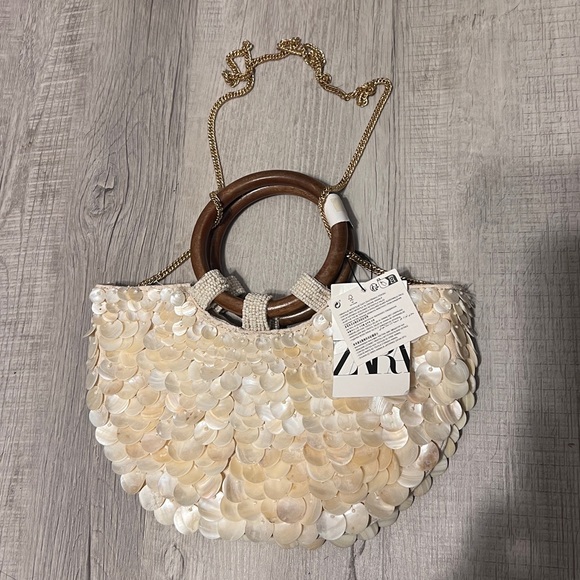 Zara Faux Mother of Pearl Shell Appliqué Bag Purse Crossbody Bohemian Wedding - Picture 3 of 5